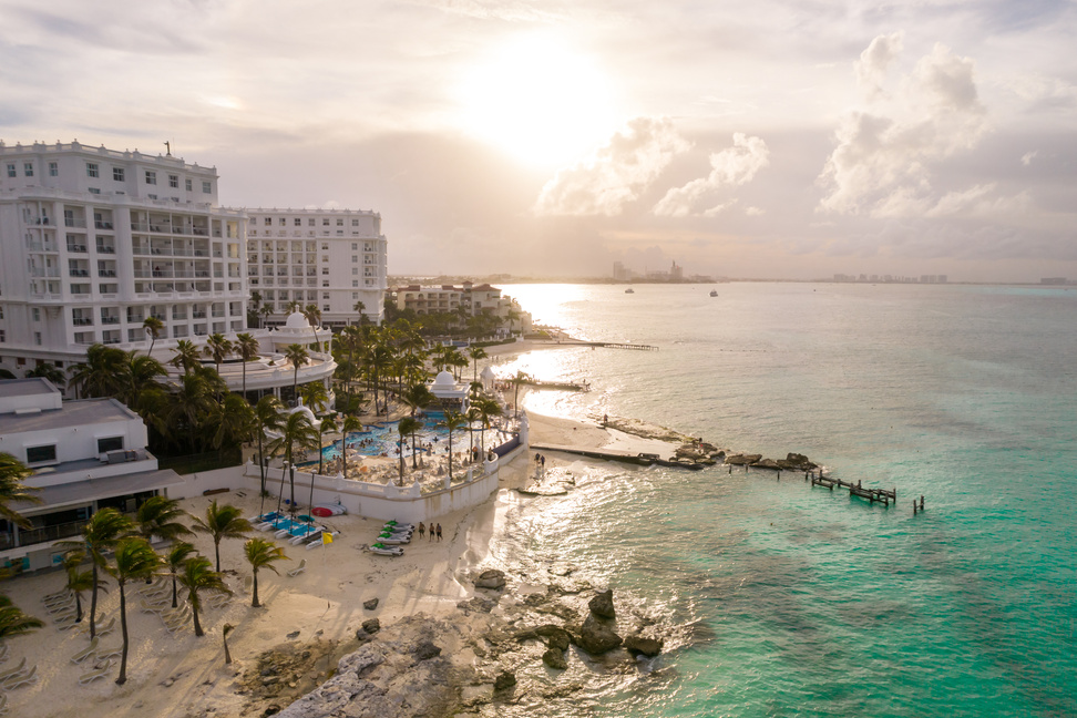 View of beautiful Hotel in the hotel zone of Cancun. Riviera Maya region in Quintana roo on Yucatan Peninsula. Aerial panoramic view of all-inclusive resort.